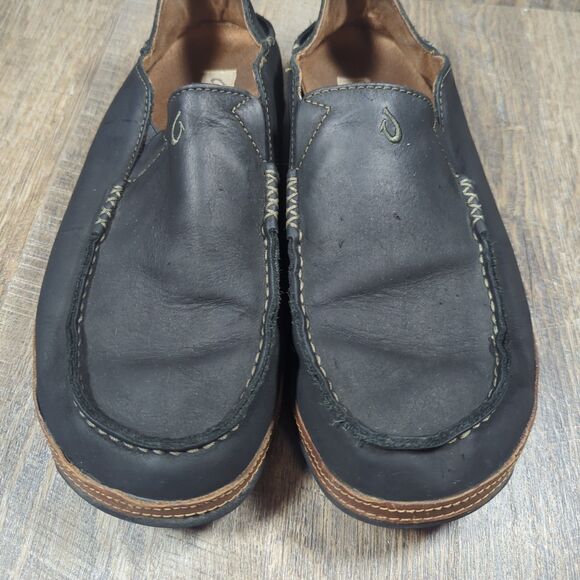 Olukai Moloa Shoes Men\'s Size 10.5 Black Leather Comfort Casual Loafers Moc main image 4